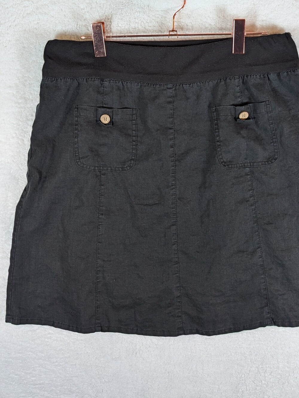 60-ecru 💯 Linen Black Casual A-Line Skirt with Button Patch Pockets